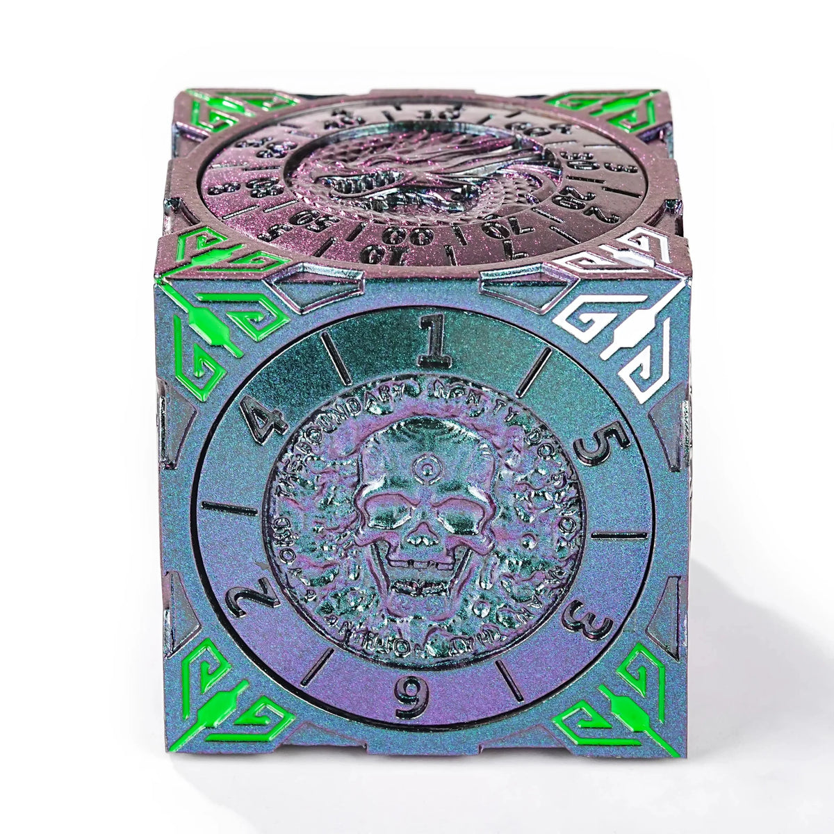 Cube Six Metal Spinner Dice Set – Cool Desktop Spinner Dice: Purple-Green 7-in-1 Solid Metal Cube with Circular