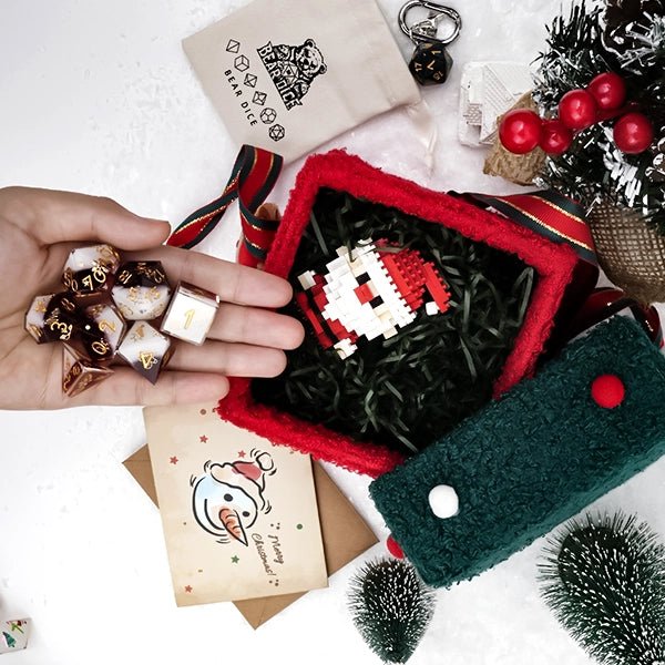 Custom Dice Sticker Set – Blind Christmas – Christmas DND Dice Blind Box Gift Set - Resin Dice, Stickers, Ornaments and