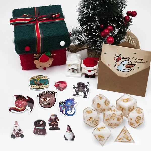 Custom Dice Sticker Set – Blind Christmas – Christmas DND Dice Blind Box Gift Set - Resin Dice, Stickers, Ornaments and