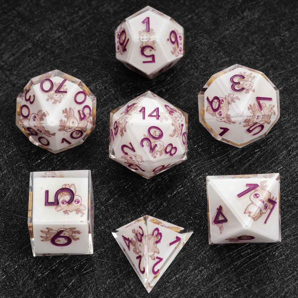 Custom Dice Sticker Set – Logo & Text – Customized DND polyhedral sticker dice set, featuring white transparent resin