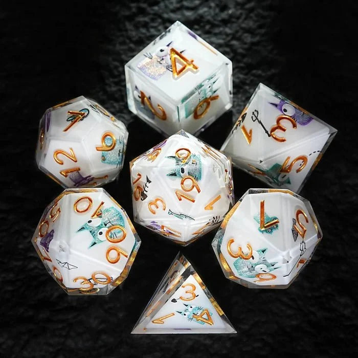 Custom Dice Sticker Set – Logo & Text – Customized DND polyhedral sticker dice set, featuring white transparent resin