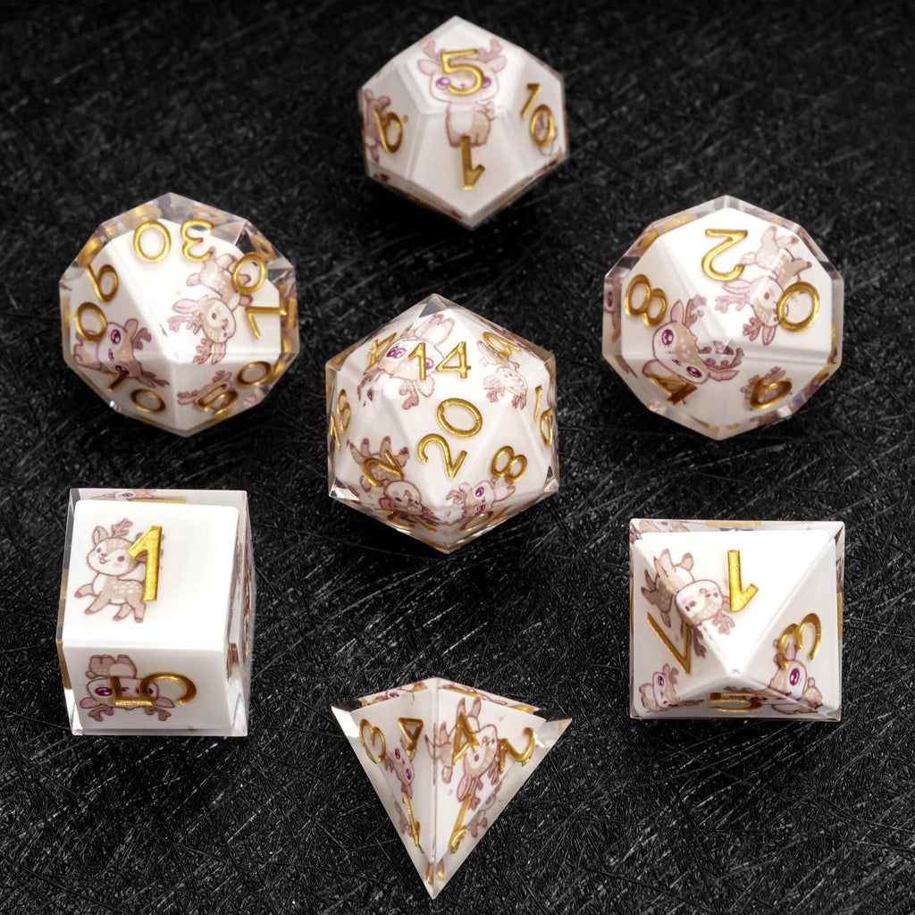 Custom Dice Sticker Set – Logo & Text – Customized DND polyhedron sticker dice set, featuring white transparent resin