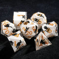 Custom Dice Sticker Set – Logo & Text – Custom DND polyhedron sticker dice set, featuring white transparent resin dice