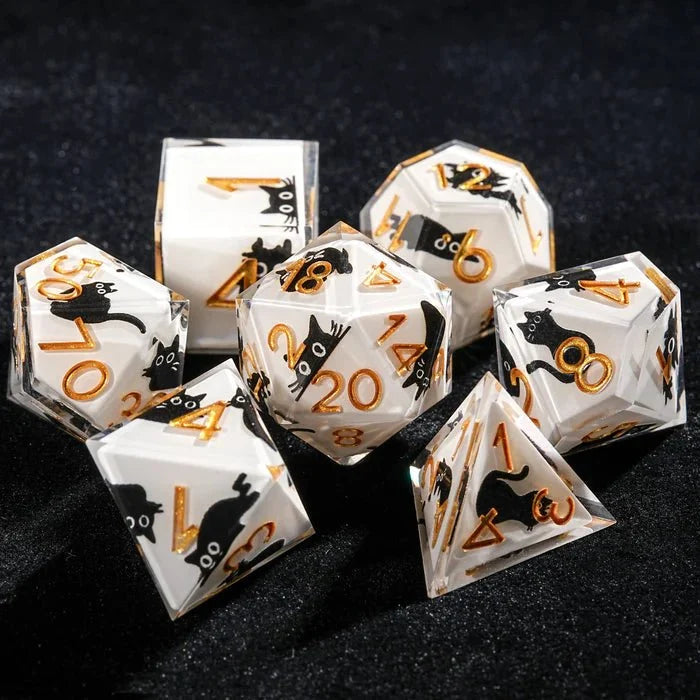 Custom Dice Sticker Set – Logo & Text – Custom DND polyhedron sticker dice set, featuring white transparent resin dice