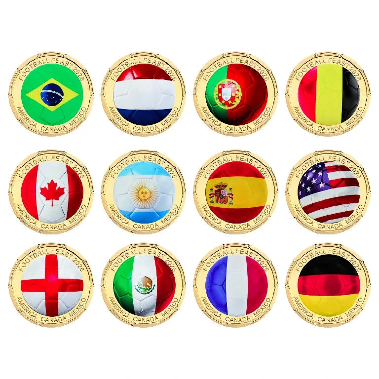 Custom Game Badge – Flag Commemorative – Set of 12 World Cup Soccer Team Flag Metal Coins: USA, Canada, Brazil, France