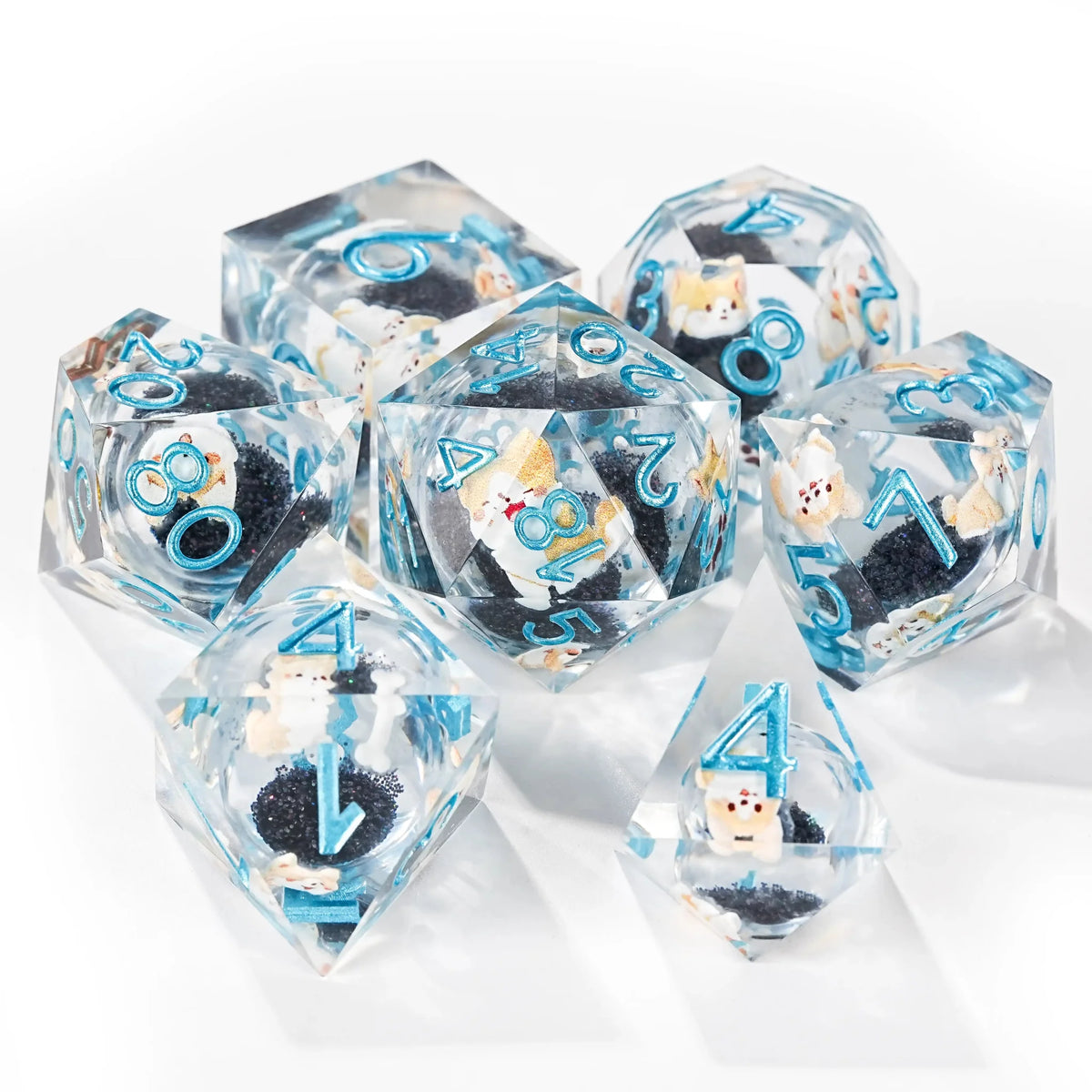 Cute Anime Liquid Core Dice Set – Cute Anime Corgi Puppy Black Quicksand Liquid Core Resin Polyhedron Dice Set + Blue