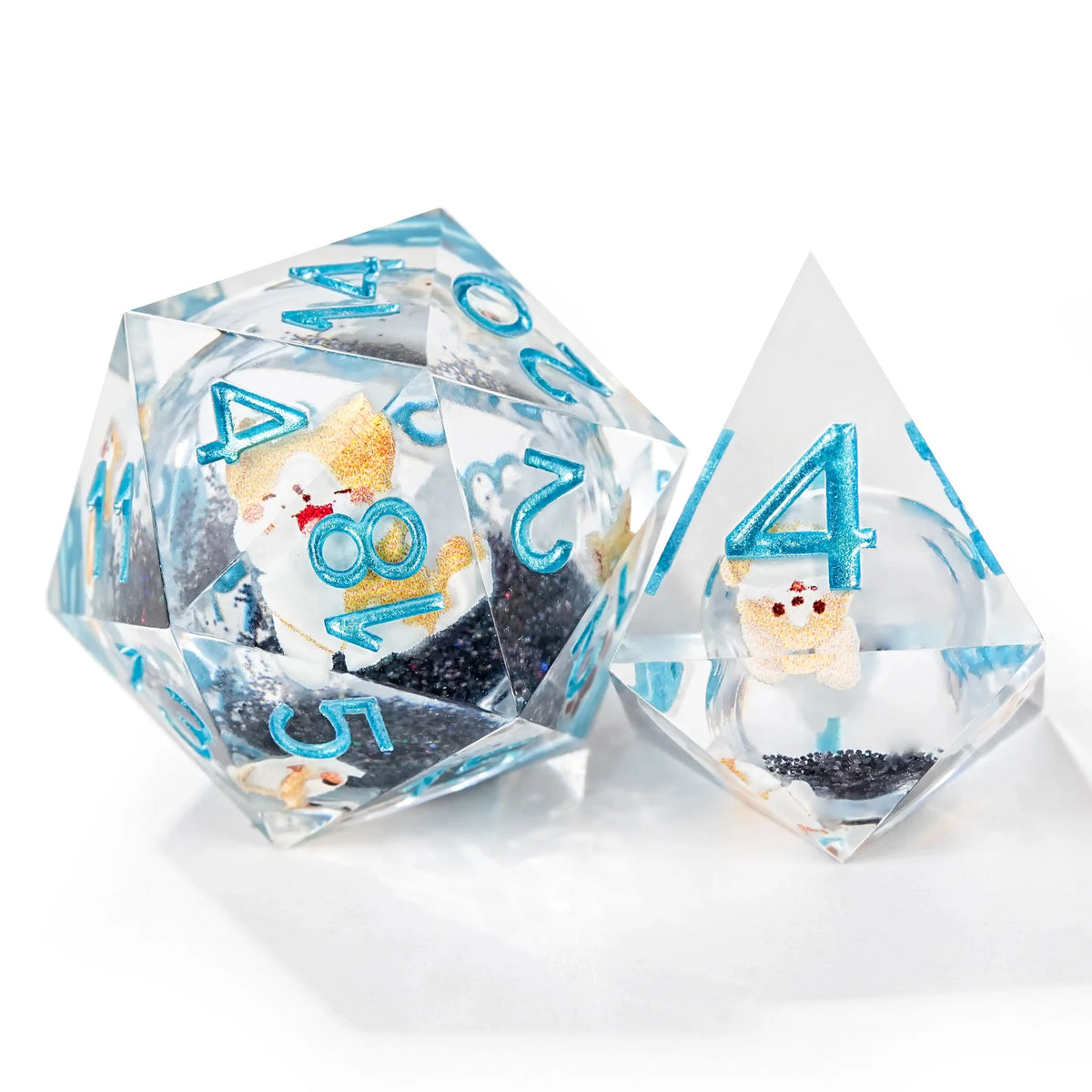 Cute Anime Liquid Core Dice Set – Cute Anime Corgi Puppy Black Quicksand Liquid Core Resin Polyhedron Dice Set + Blue