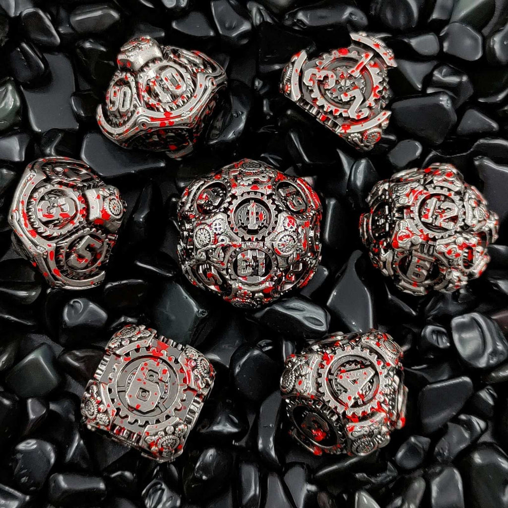 Cyberpunk Metal DND Dice Set – Gear Blood – Cyberpunk Style - Bloodstain Gear Solid Metal DND Dice Set