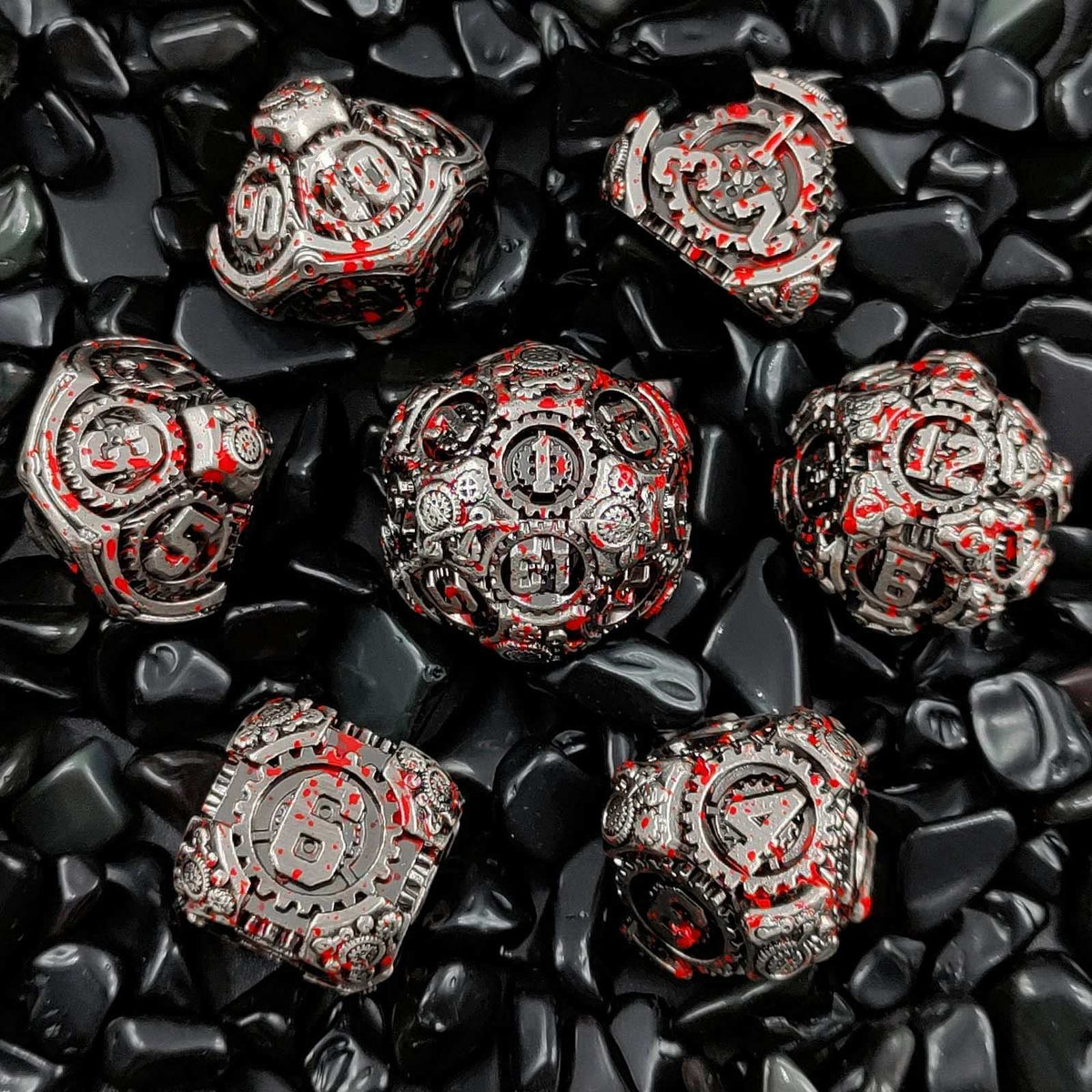 Cyberpunk Metal DND Dice Set – Gear Blood – Cyberpunk Style - Bloodstain Gear Solid Metal DND Dice Set