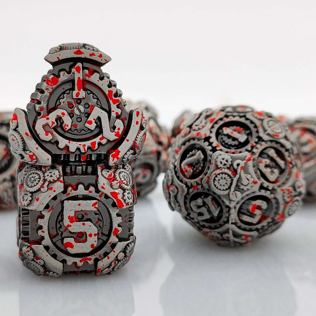 Cyberpunk Metal DND Dice Set – Gear Blood – Cyberpunk Style - Bloodstain Gear Solid Metal DND Dice Set