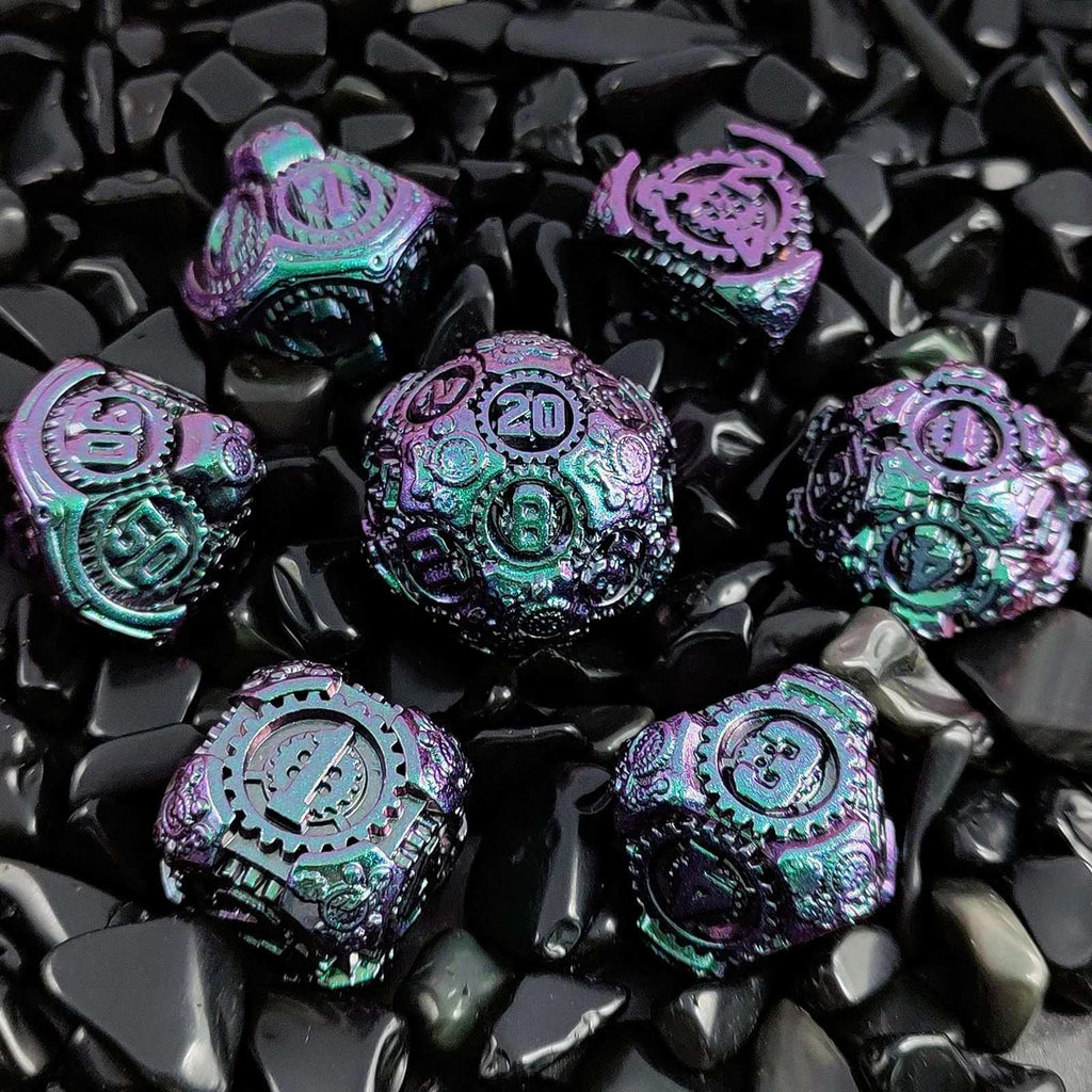 Cyberpunk Metal DND Dice Set – Gear Gradation – Purple and Green Gradient Cyberpunk Mechanical Gear Metal DND Dice Set