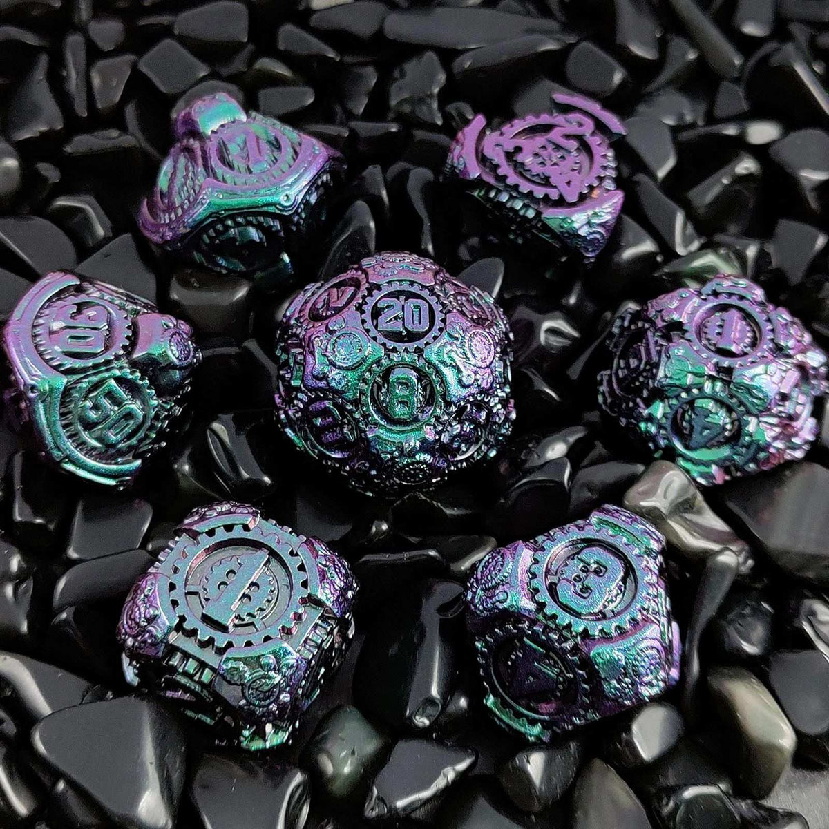 Cyberpunk Metal DND Dice Set – Gear Gradation – Purple and Green Gradient Cyberpunk Mechanical Gear Metal DND Dice Set