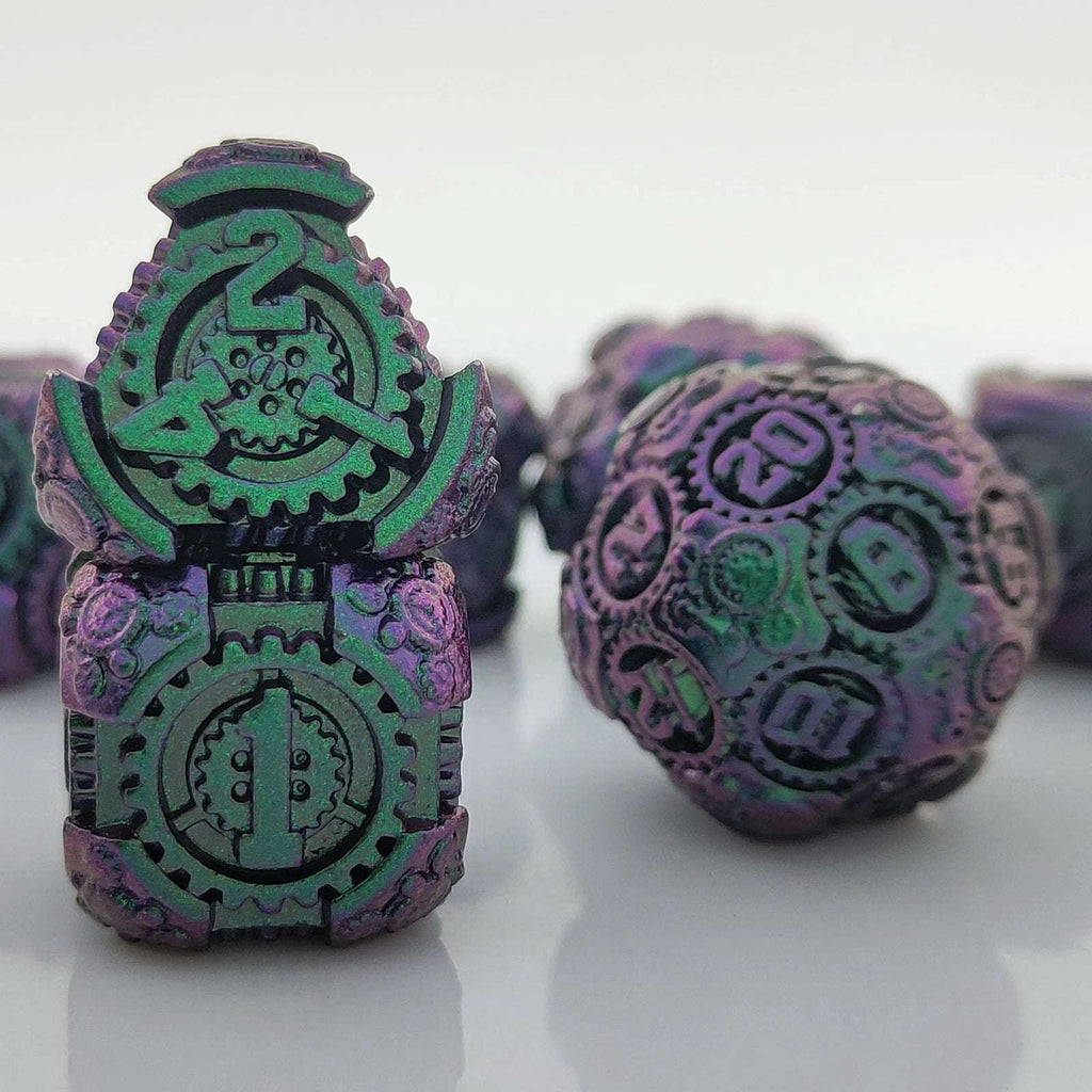 Cyberpunk Metal DND Dice Set – Gear Gradation – Purple and Green Gradient Cyberpunk Mechanical Gear Metal DND D4, D6