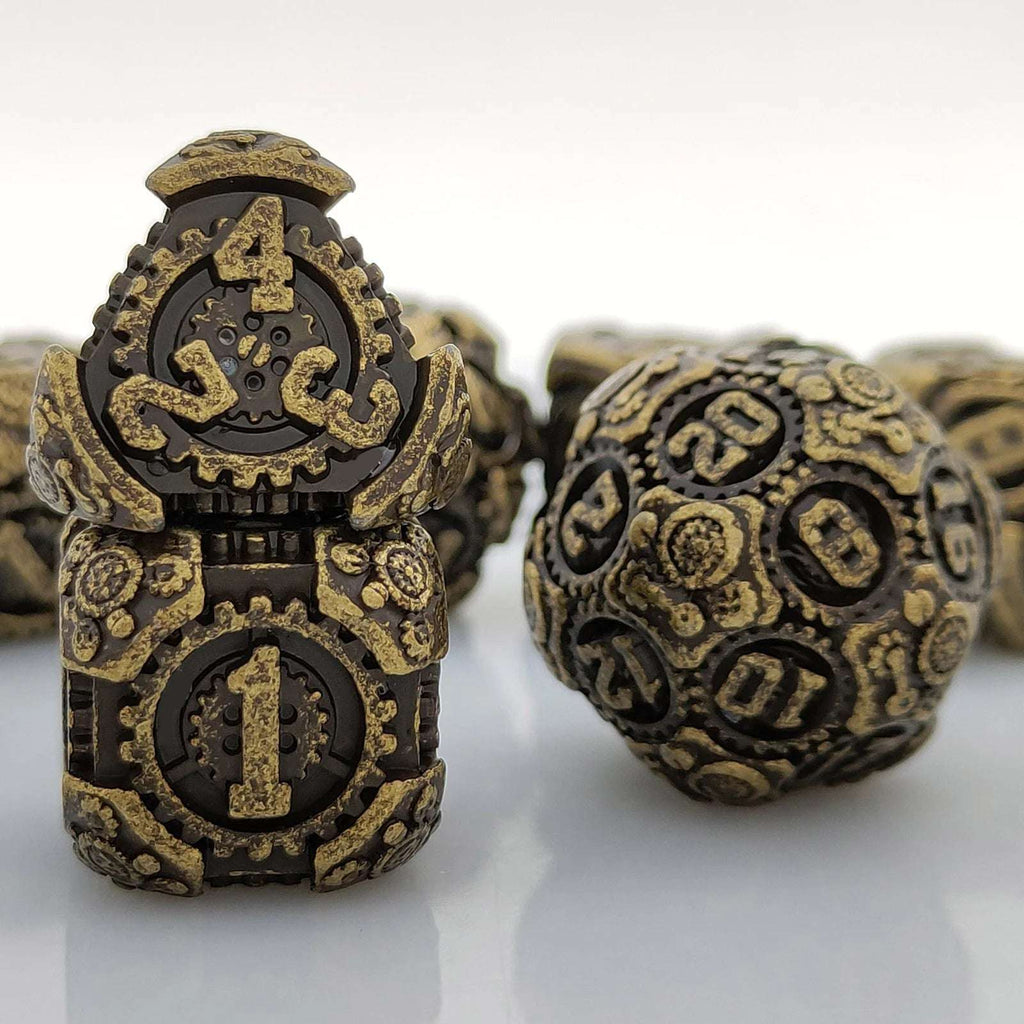Cyberpunk Metal DND Dice Set – Rolled Bronze – Cyberpunk Bronze Gear Mechanic DND D4, D6, and D20 Dice