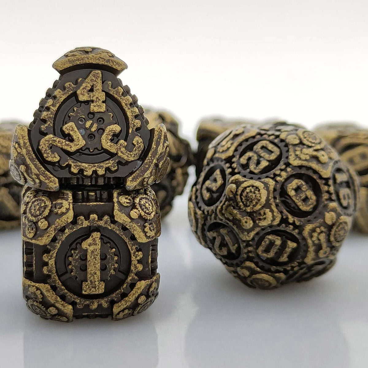 Cyberpunk Metal DND Dice Set – Rolled Bronze – Cyberpunk Bronze Gear Mechanic DND D4, D6, and D20 Dice