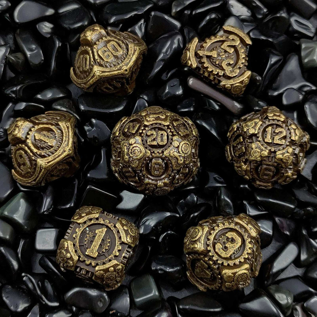 Cyberpunk Metal DND Dice Set – Rolled Bronze – Cyberpunk Bronze Mechanical Gear DND Dice Set (D4, D6, D8, D10, D%, D12
