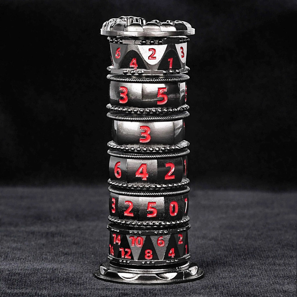 Cylindrical Mysterious Dice Tower – Metal – Red Numbers Design – Unique dice tower spinner: black cylinder multi