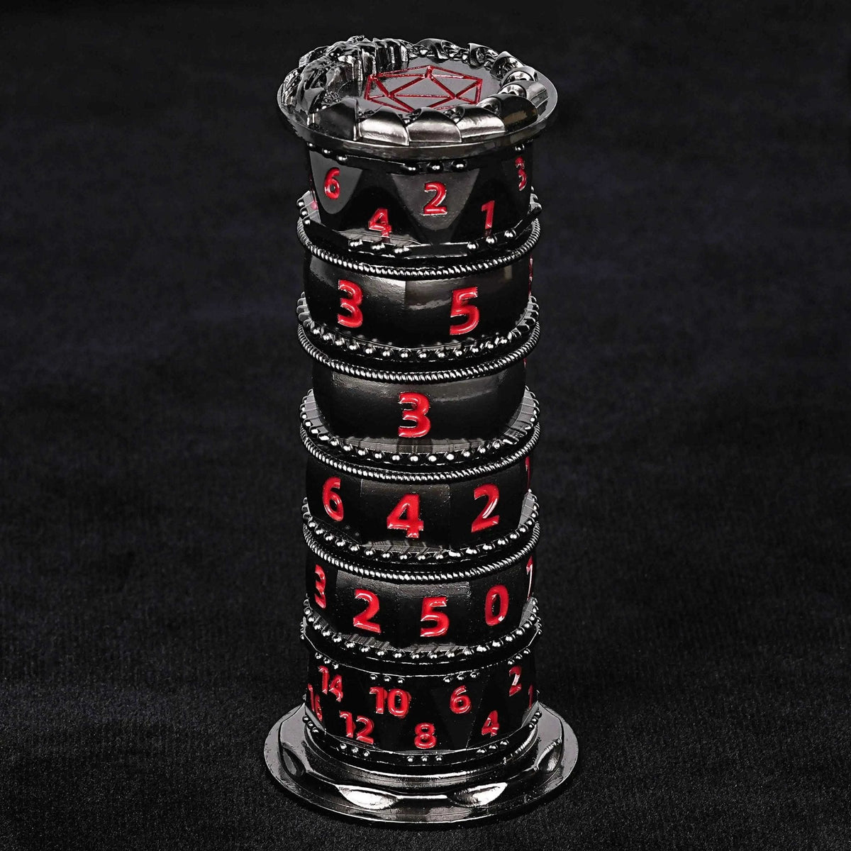 Cylindrical Mysterious Dice Tower – Metal – Red Numbers Design – Unique dice tower spinner: black cylinder multi