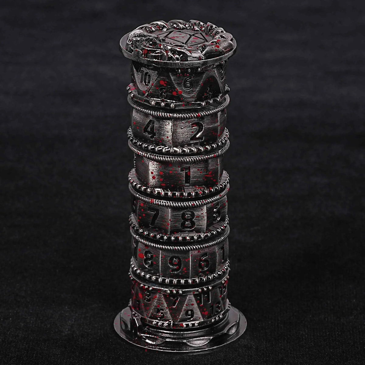 Cylindrical Mysterious Dice Tower – Metal – Red Numbers Design – Unique dice tower spinner: black cylinder multi