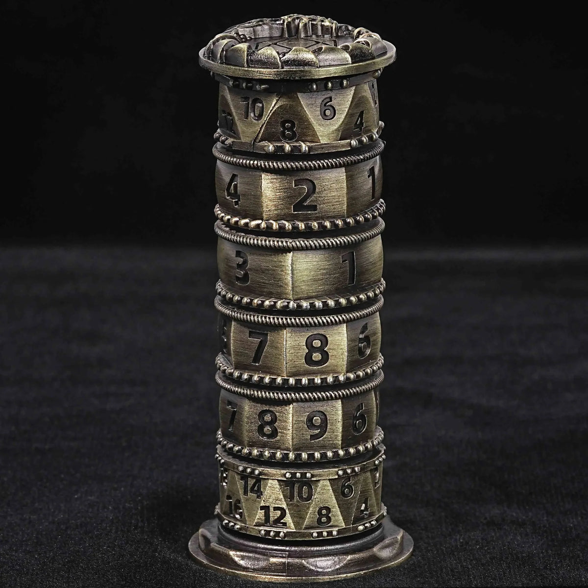 Cylindrical Mysterious Dice Tower – Metal – Red Numbers Design – Unique dice tower spinner: black cylinder multi