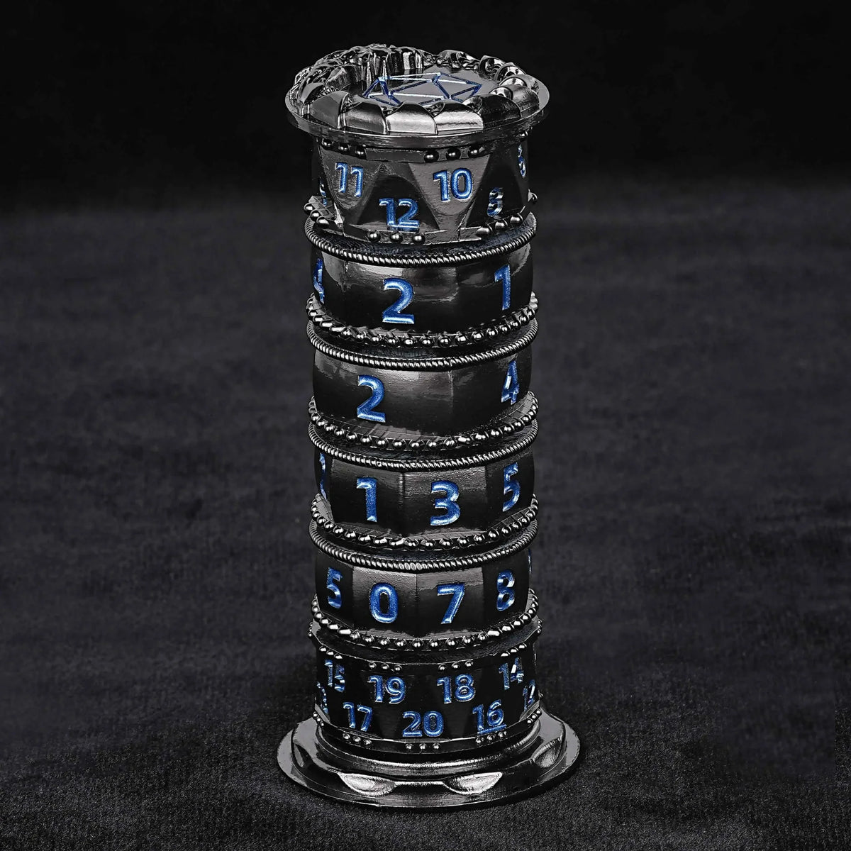 Cylindrical Mysterious Dice Tower – Metal – Red Numbers Design – Unique dice tower spinner: black cylinder multi