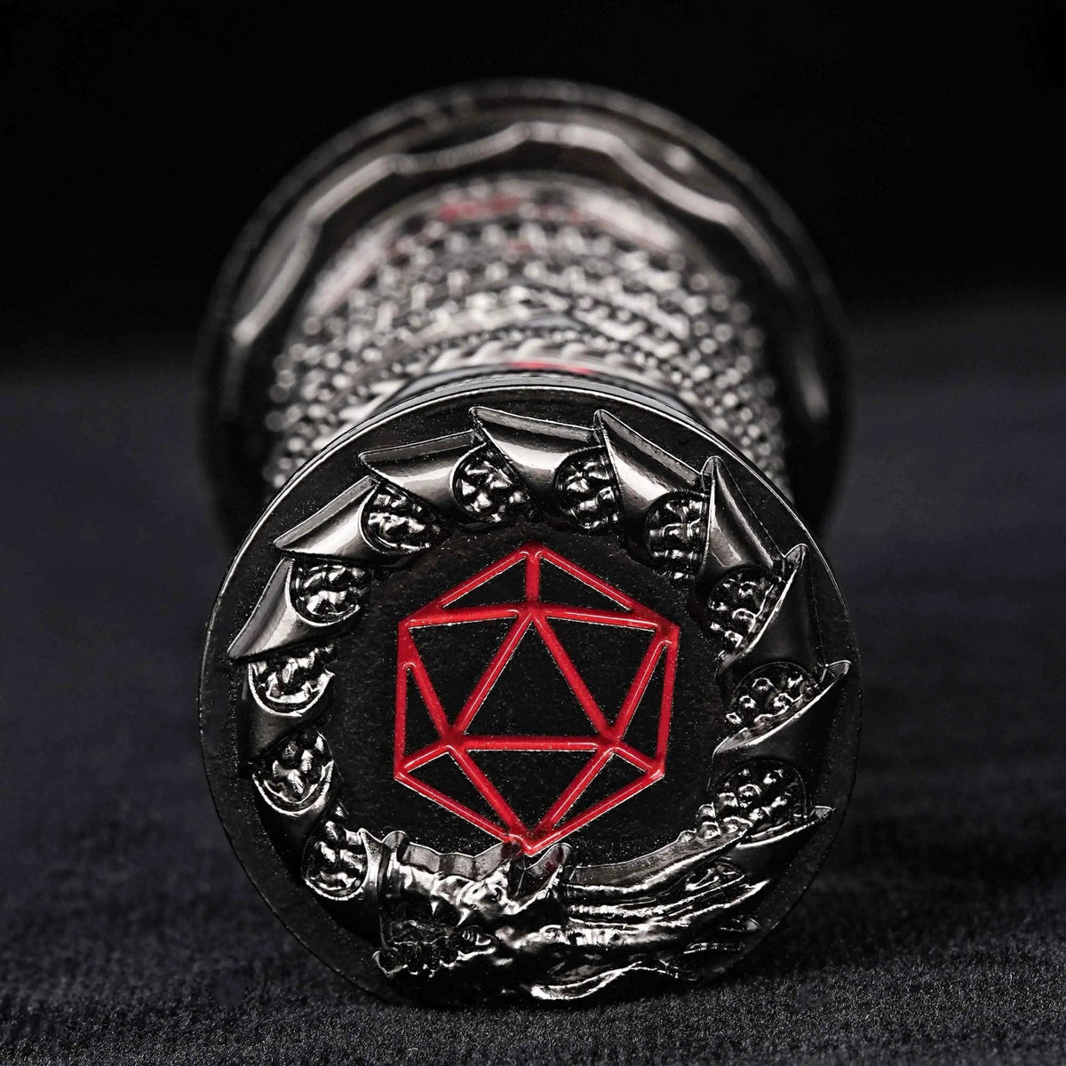 Cylindrical Mysterious Dice Tower – Metal – Red Numbers Design – Unique dice tower spinner: black cylinder multi