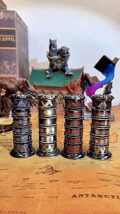 Cylindrical Mysterious Dice Tower – Metal – Red Numbers Design – On the DND team running desktop, four metal dice tower