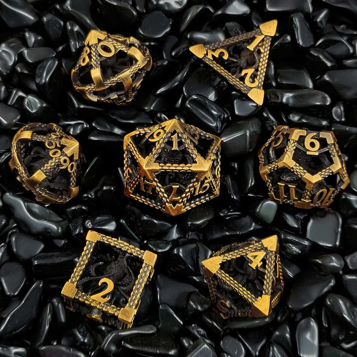 Deep Sea Metal DND Dice Set – Deep Sea Monster - Gold 3D Octopus Hollow Metal RPG Dice Set