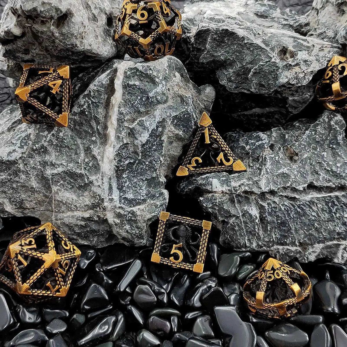 Deep Sea Metal DND Dice Set – Deep Sea Monster - Gold 3D Octopus Hollow Metal RPG Dice Set