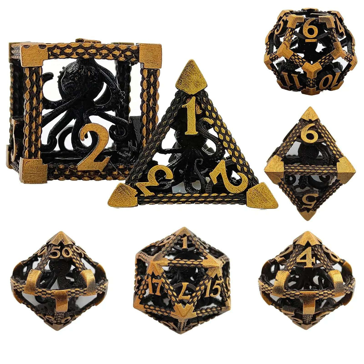 Deep Sea Metal DND Dice Set – Deep Sea Monster - Gold 3D Octopus Hollow Metal RPG Dice Set