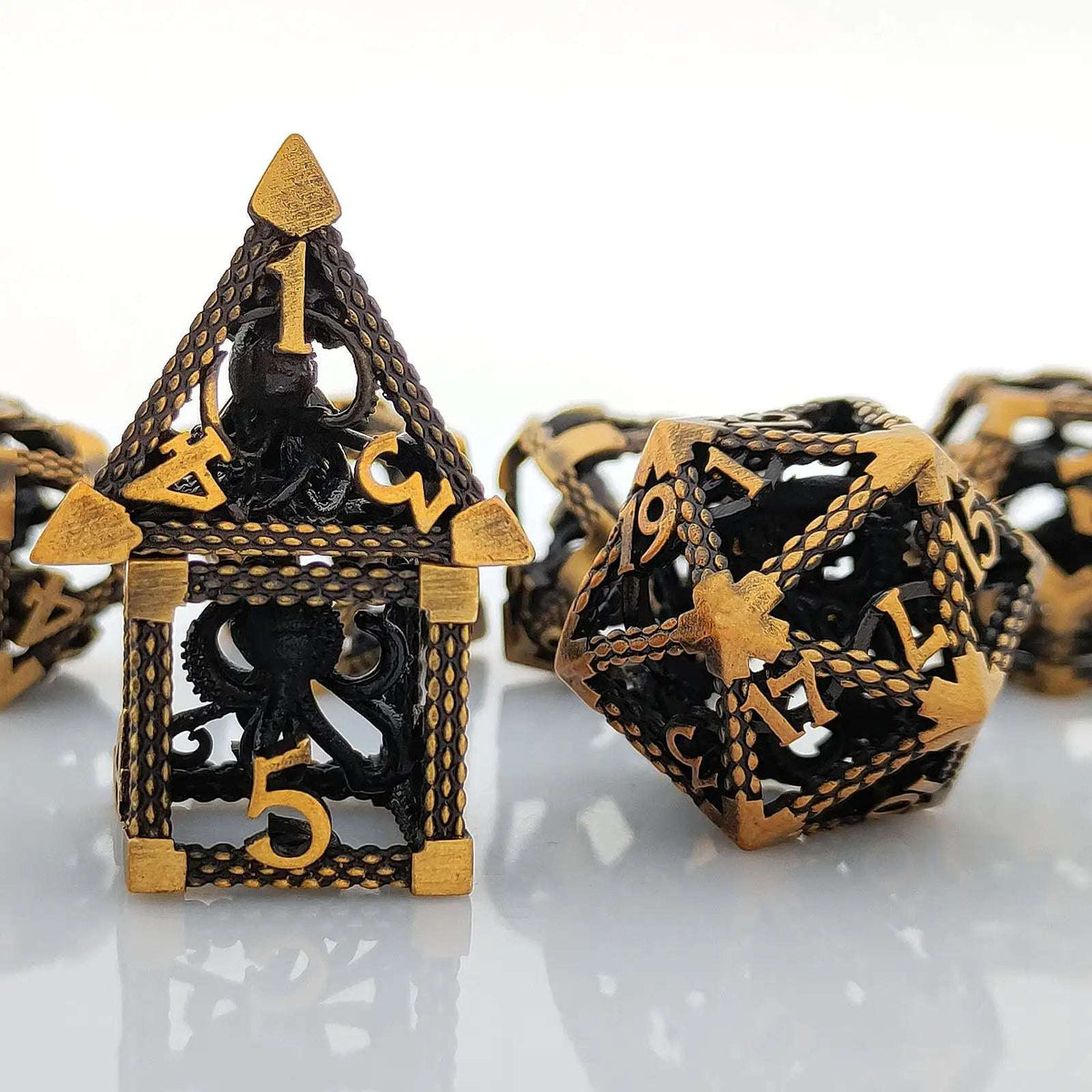 Deep Sea Metal DND Dice Set – Deep Sea Monster - Gold 3D Octopus Hollow Metal RPG Dice Set