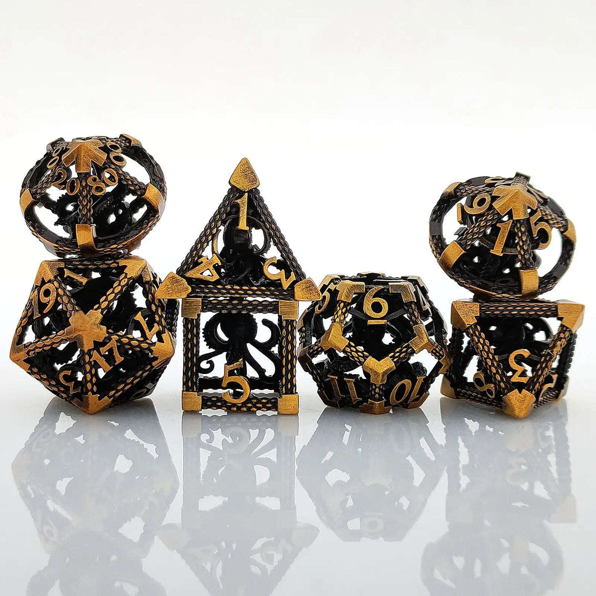 Deep Sea Metal DND Dice Set – Deep Sea Monster - Gold 3D Octopus Hollow Metal RPG Dice Set