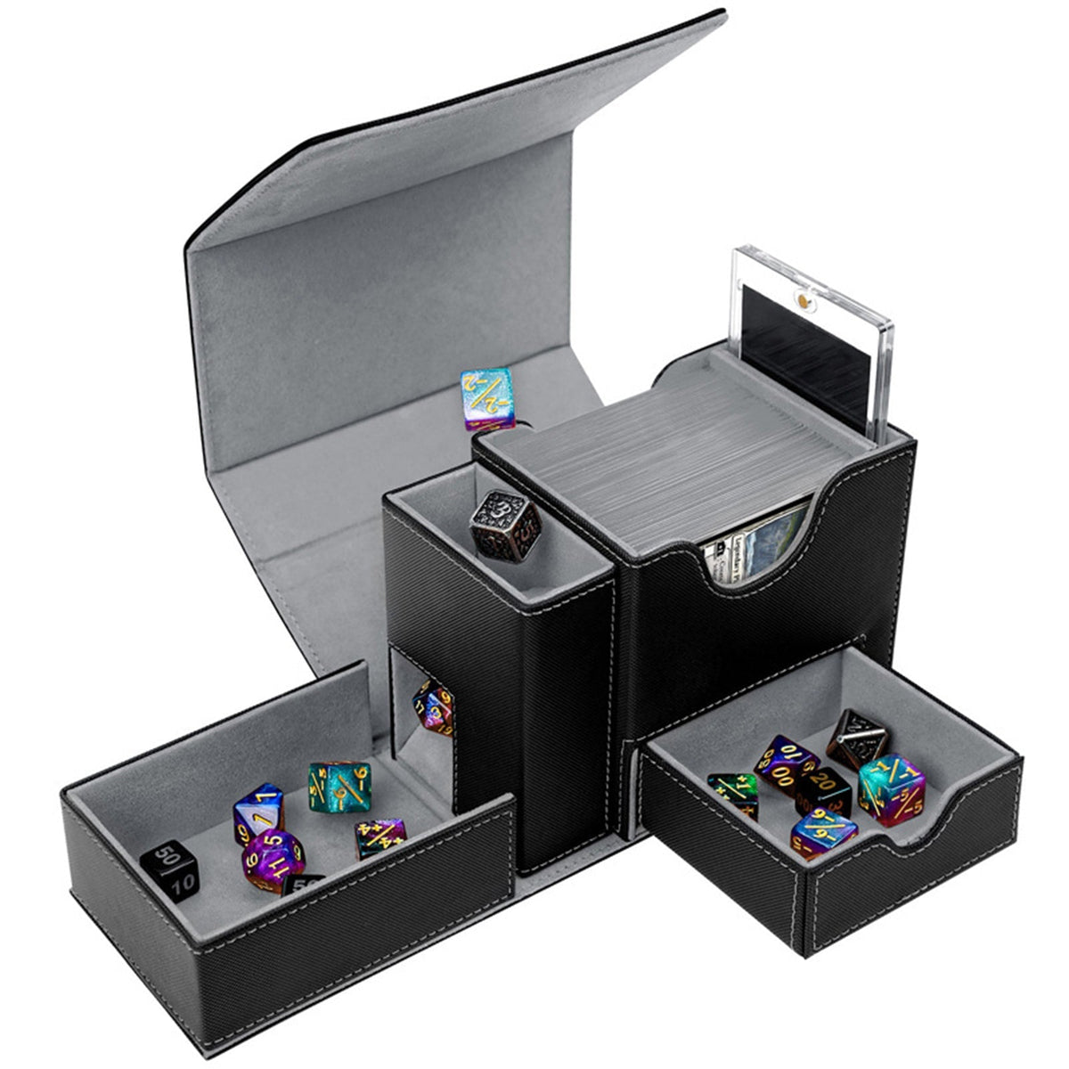 Dice Collection Storage Box With Dice Tray – PU Leather Card Box with Dice Tray | Trading Card Storage Box for MTG