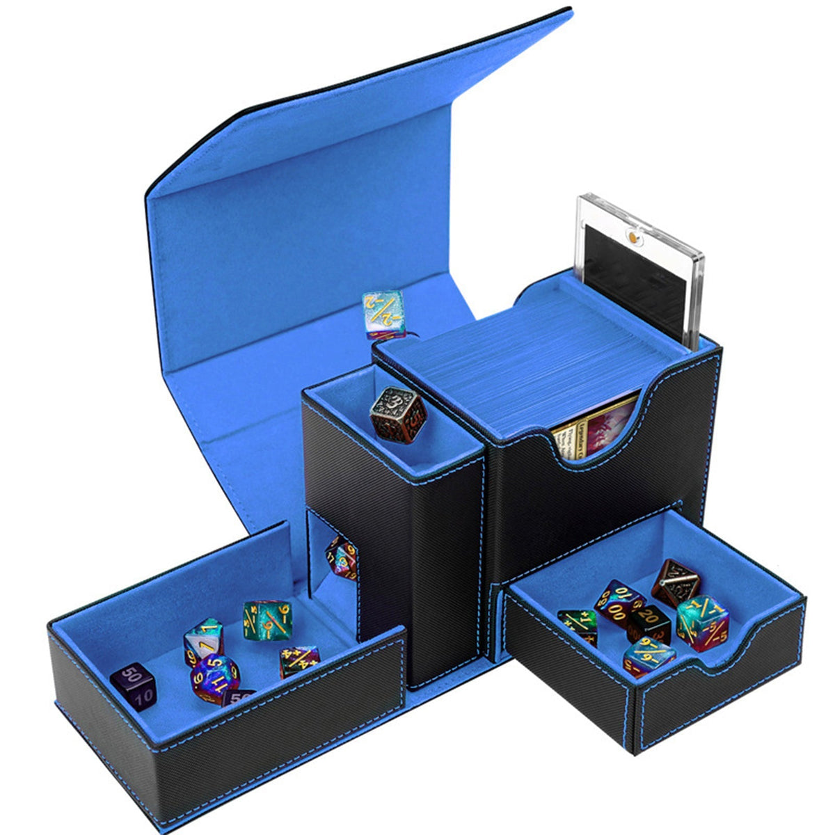 Dice Collection Storage Box With Dice Tray – PU Leather Card Box with Dice Tray | Trading Card Storage Box for MTG