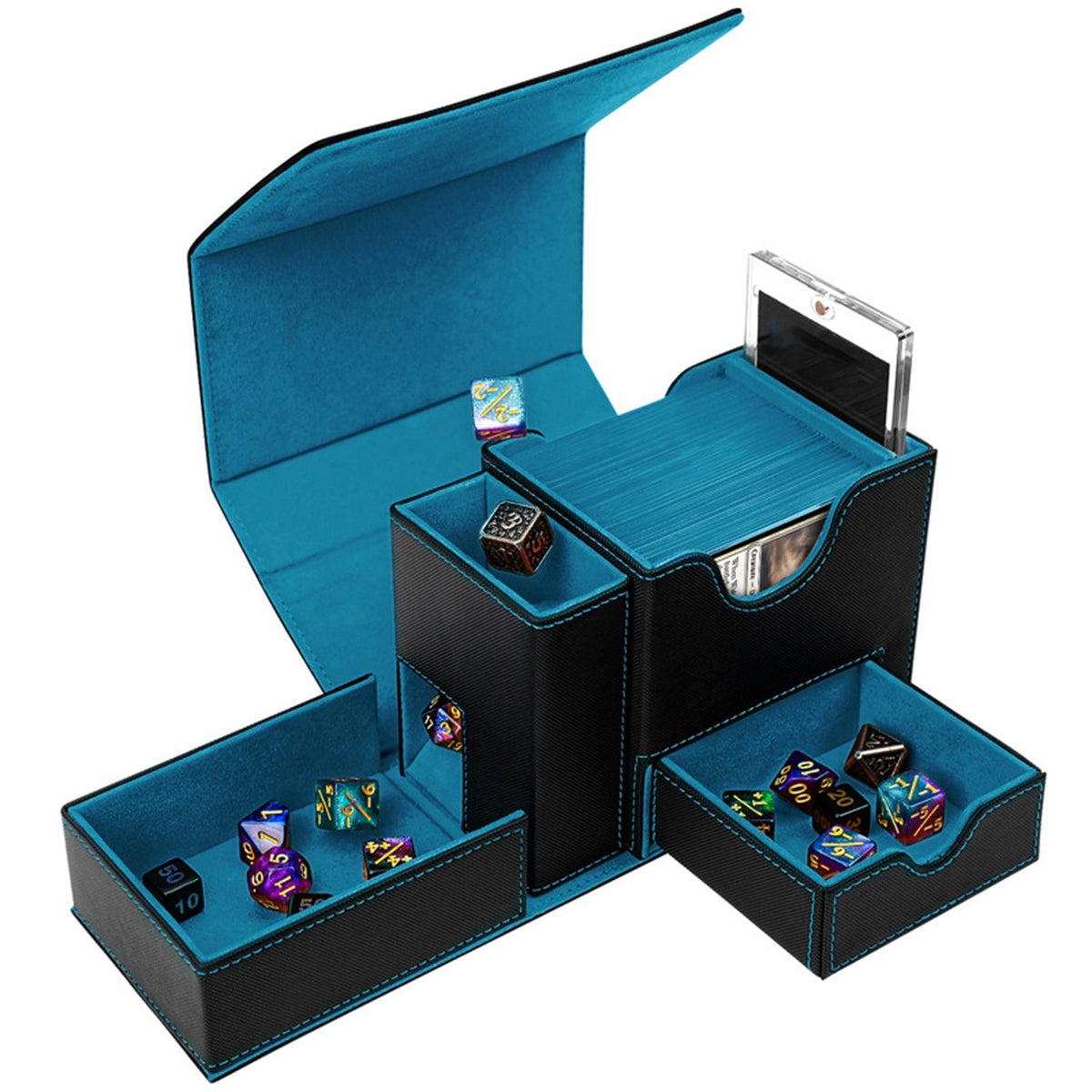 Dice Collection Storage Box With Dice Tray – PU Leather Card Box with Dice Tray | Trading Card Storage Box for MTG