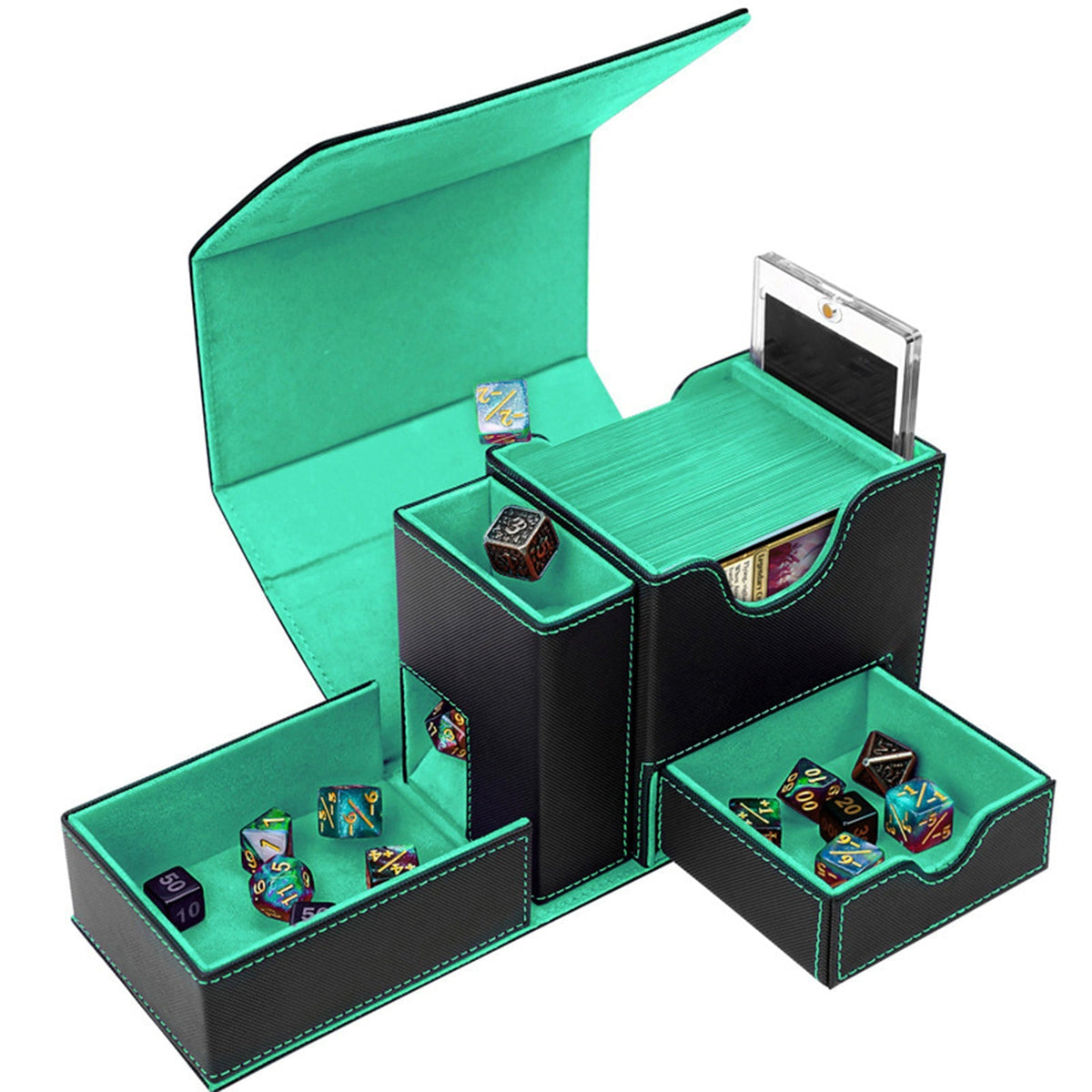 Dice Collection Storage Box With Dice Tray – PU Leather Card Box with Dice Tray | Trading Card Storage Box for MTG