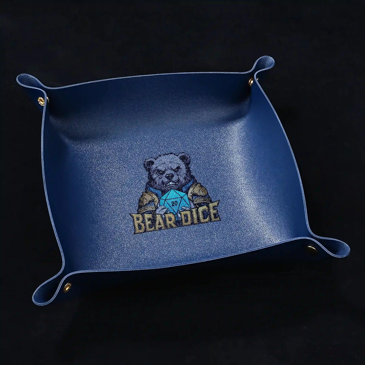Dice Tray – Leather – Personalized Design – Personalized Design 1 – Custom blue leather DND dice tray with foldable