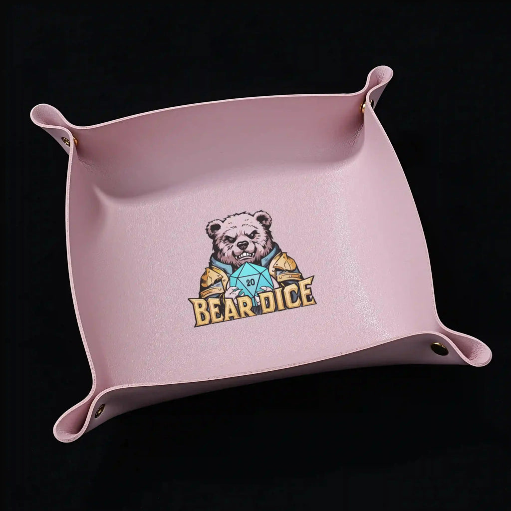 Dice Tray – Leather – Personalized Design – Personalized Design 1 – Custom pink leather DND dice tray with foldable