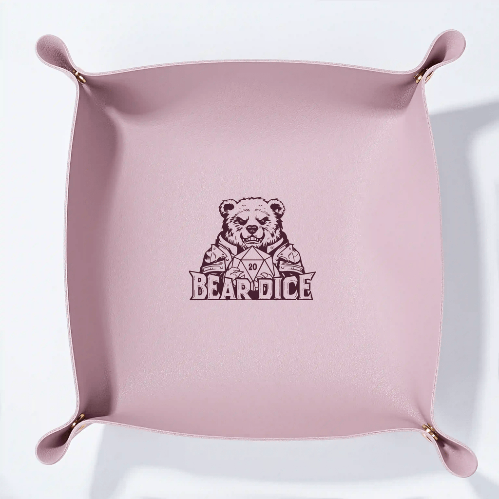 Dice Tray – Leather – Personalized Design – Personalized Design 1 – Custom pink leather DND dice tray with foldable