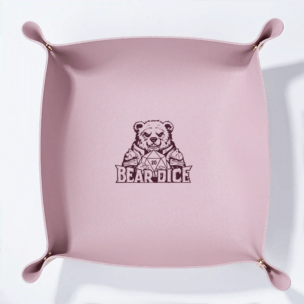 Dice Tray – Leather – Personalized Design – Personalized Design 1 – Custom pink leather DND dice tray with foldable