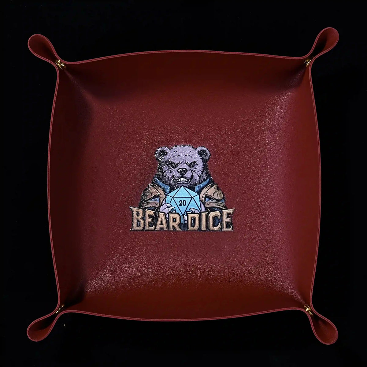 Dice Tray – Leather – Personalized Design – Personalized Design 1 – Custom red leather DND dice tray with a
