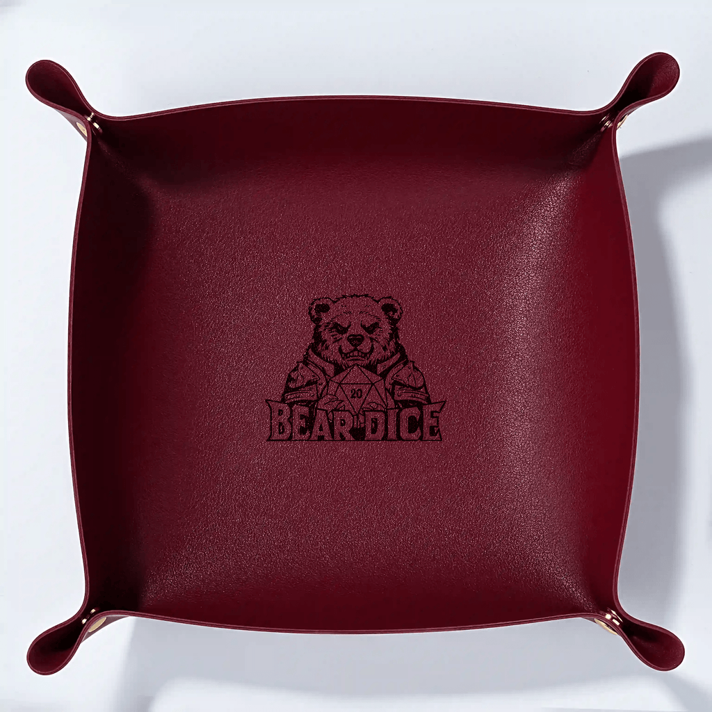 Dice Tray – Leather – Personalized Design – Personalized Design 1 – Custom red leather DND dice tray with a