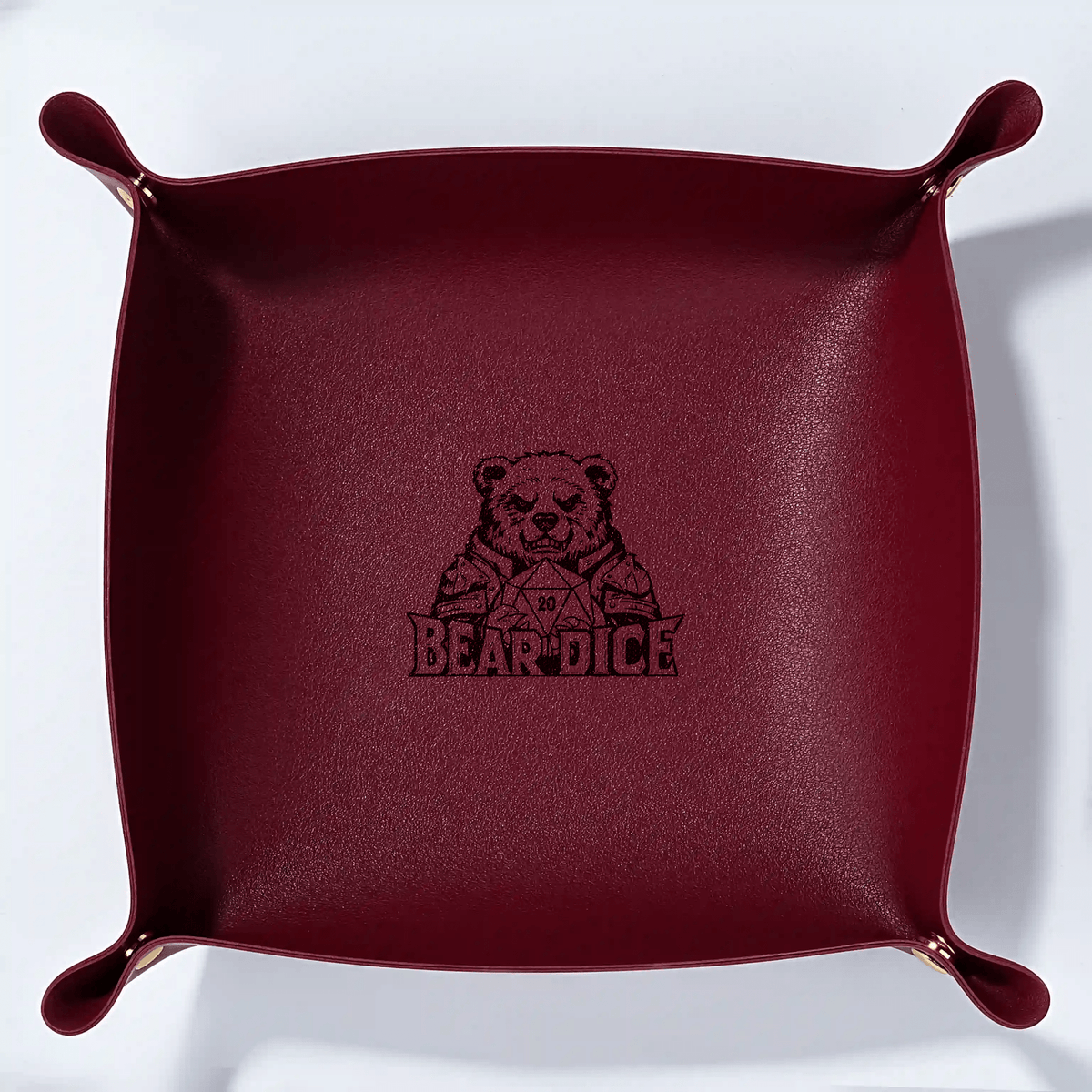 Dice Tray – Leather – Personalized Design – Personalized Design 1 – Custom red leather DND dice tray with a