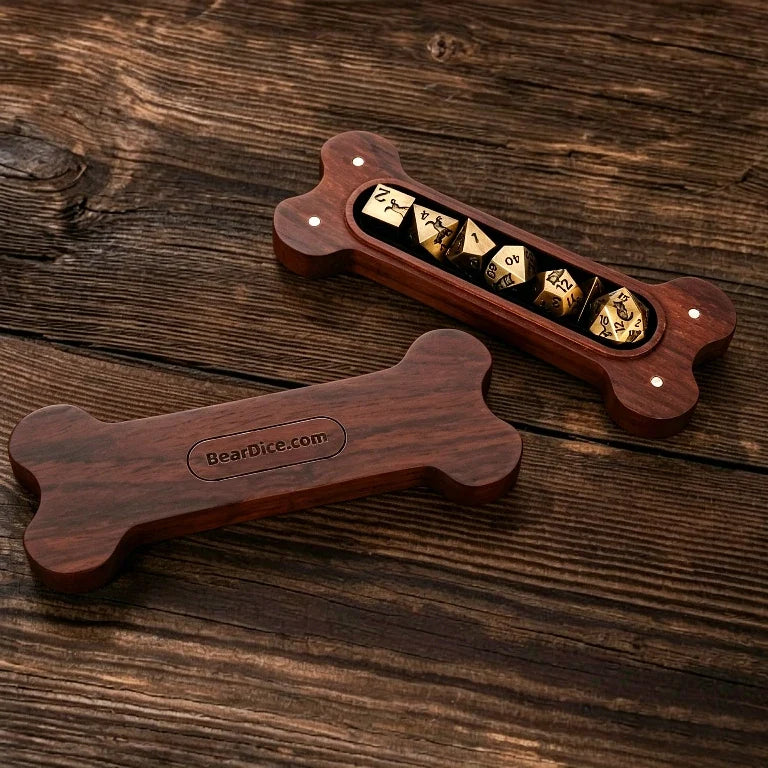 Dog Dice Box – Resin – Shaped Walnut – A walnut wood DND dice box shaped like a dog bone, capable of holding a set of