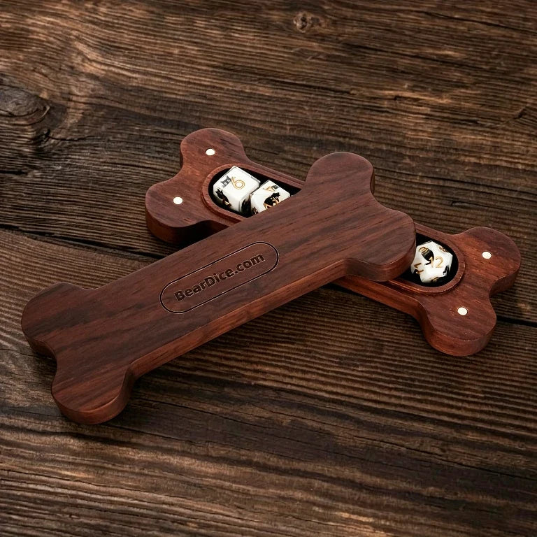 Dog Dice Box – Resin – Shaped Walnut – A walnut wood DND dice box shaped like a dog bone, capable of holding a resin