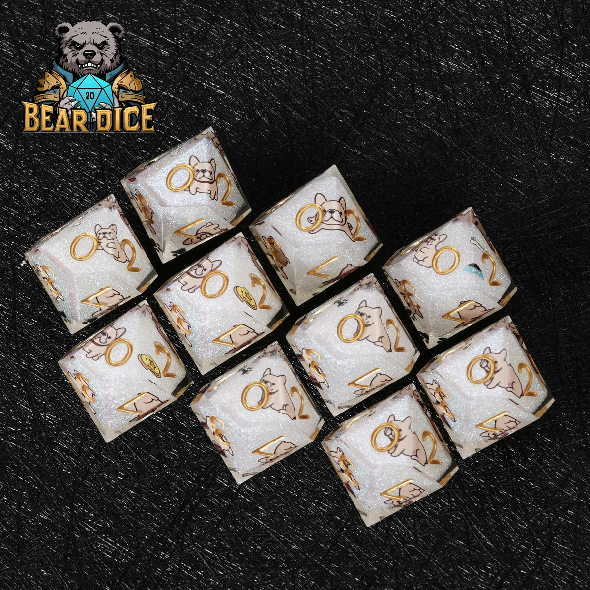 Dog Resin D10 Dice Set – Glitter – Bulldog