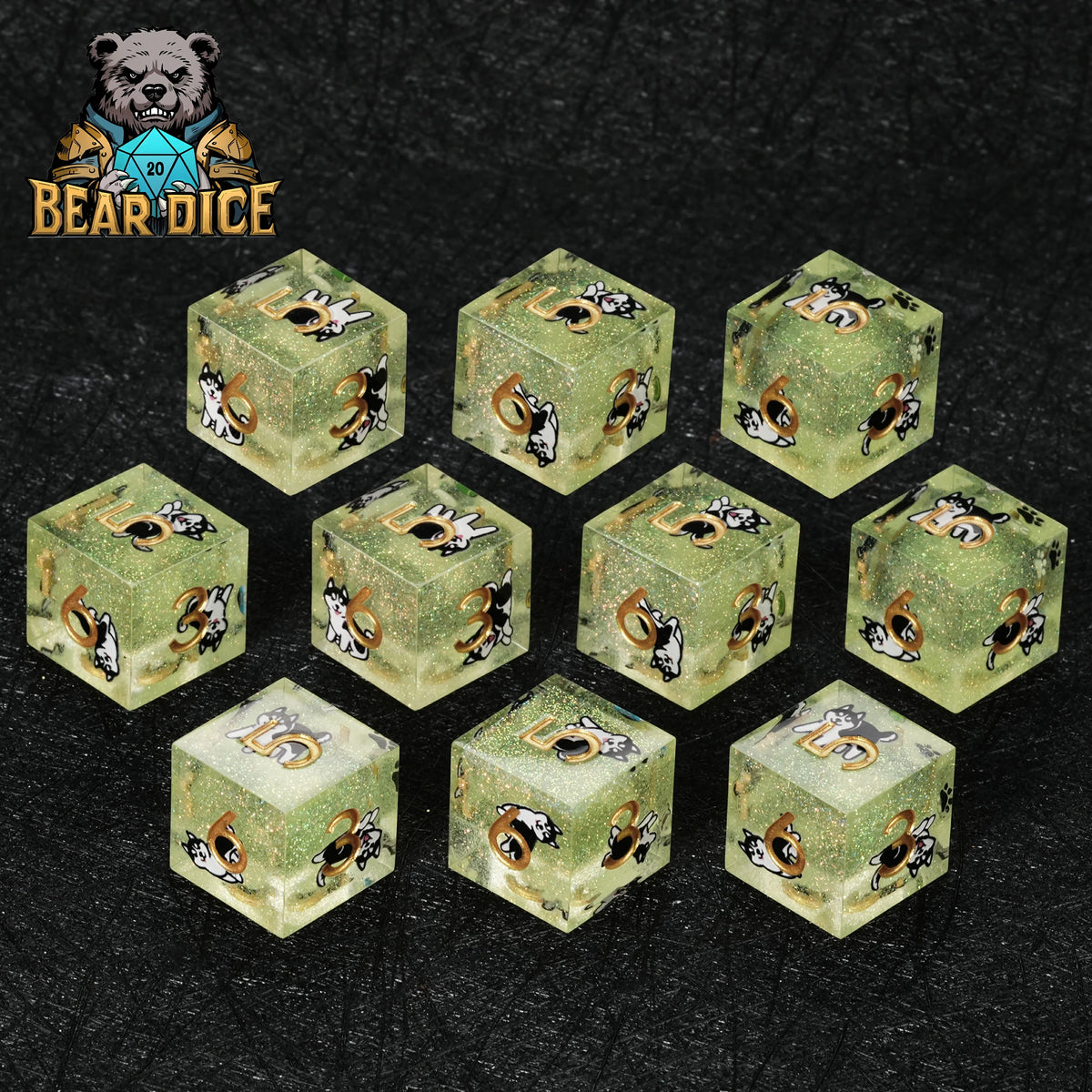 Dog Resin D6 Dice Set – Glitter – Husky