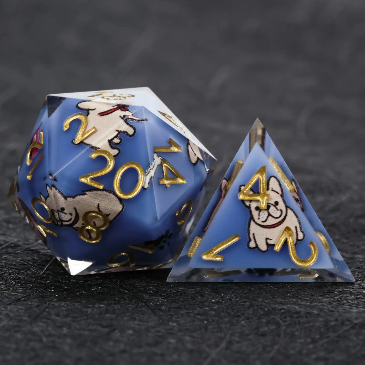 Dog Resin DND Dice Set – French Bulldog – Kickstarter Dice – Blue Resin Bulldog DND D20 and D4 Dice
