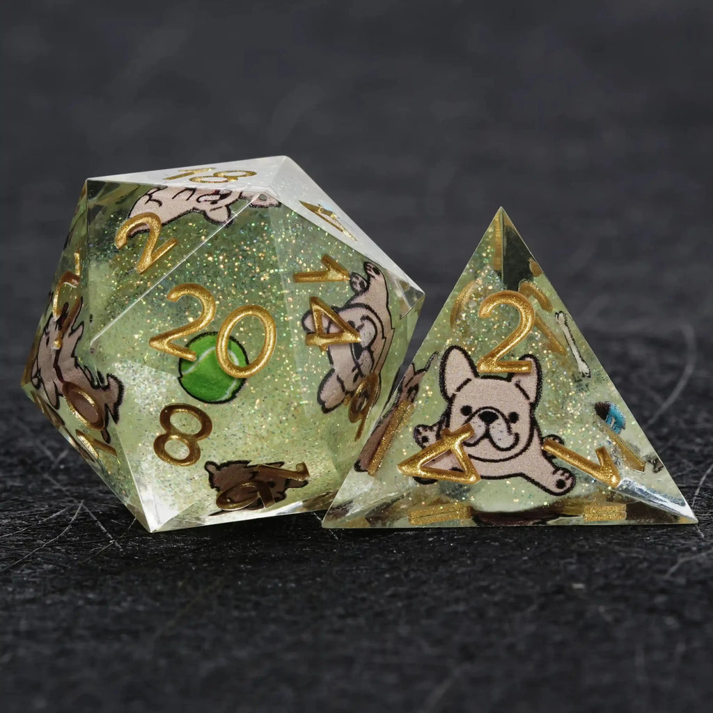 Dog Resin DND Dice Set – French Bulldog – Kickstarter Dice – Green Glitter Resin Bulldog DND D20 and D4 Dice