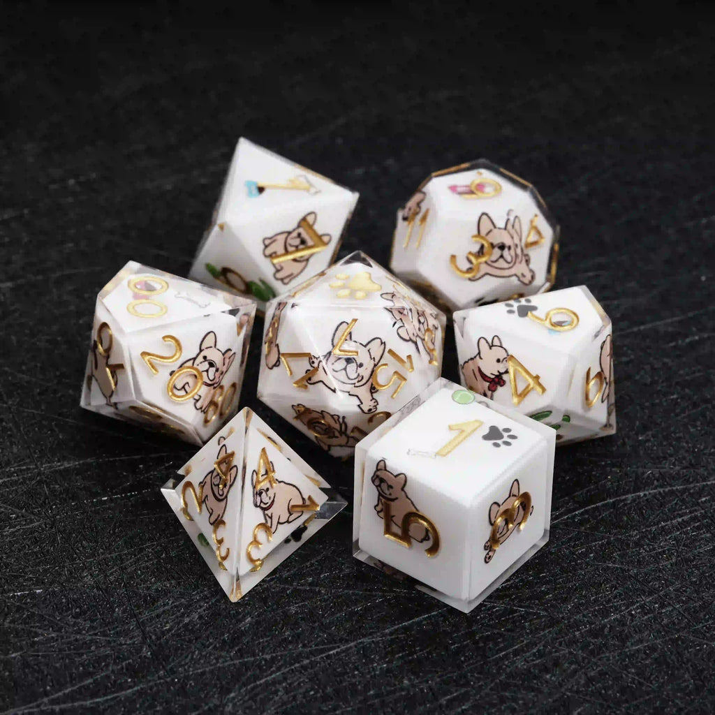 Dog Resin DND Dice Set – French Bulldog – Kickstarter Dice – Sharp-Edged White Resin Bulldog DND Dice Set